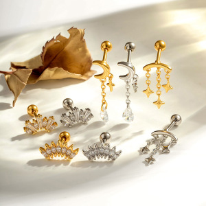Boucles D'Oreilles Piercing Femme, Motif Fleur Simple, Triangle Et Lune, Zircon Couleur Cuivre Doré h5 Image6