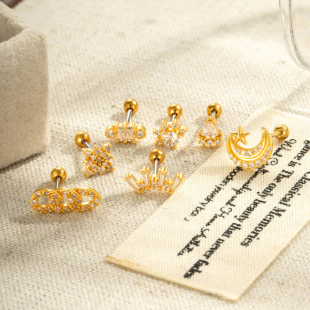 Boucles D'Oreilles Piercing Femme Simple Series Triangle Lune Cuivre Or Zircon