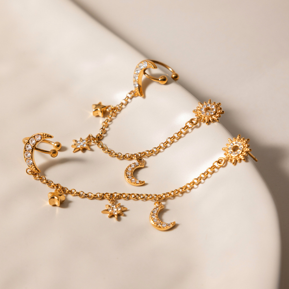 Boucles D'Oreilles Pendantes Pour Femme, En Acier Inoxydable, Imperméables, Couleur Or, Avec Strass, Motif Étoile Et Lune. Image4