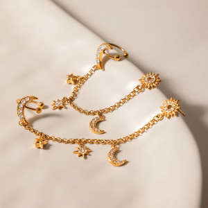 Boucles D'Oreilles Pendantes Pour Femme, En Acier Inoxydable, Imperméables, Couleur Or, Avec Strass, Motif Étoile Et Lune. h5 Image4