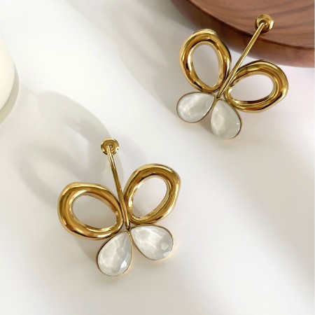 Boucles d'oreilles puces pour femmes, en acier inoxydable doré, ornées de cristaux et de motifs papillon. 2