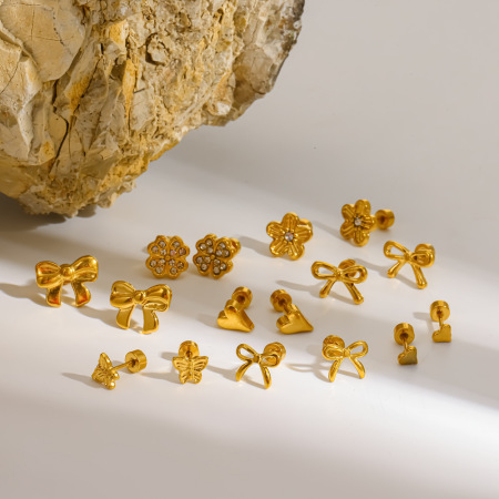 Boucles d'oreilles puces pour femmes, en acier inoxydable étanche, couleur or, ornées de strass, en forme de nœud papillon. 2