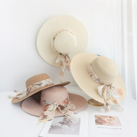 Chapeaux de paille en raphia pour femmes, collection Simple, avec nœud floral et ruban, style vacances