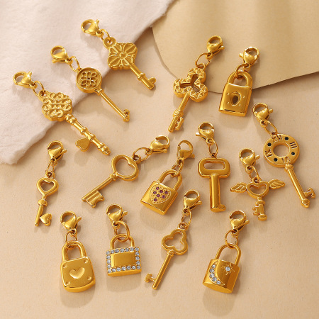 Cadenas à clé simple à faire soi-même pour un usage quotidien, en acier inoxydable étanche, avec pendentifs en strass couleur or.