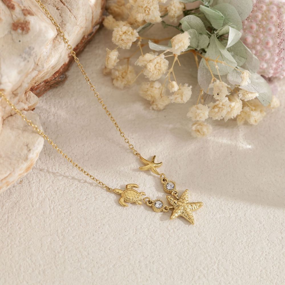 Colliers Pendentifs Femme En Acier Inoxydable, Couleur Or, Avec Étoile De Mer Et Cristal, Étanches Image4