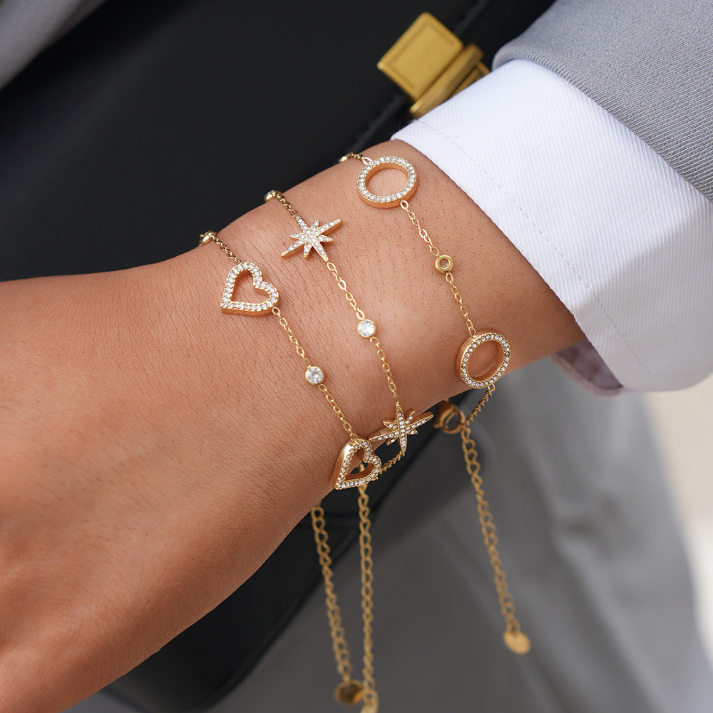 Bracelet Chaîne Femme Simple Et Quotidien En Acier Inoxydable, Étanche, Couleur Or, Motif Cœur Et Étoile. Image4