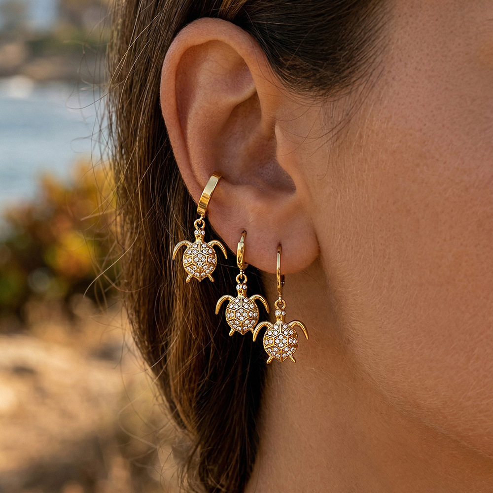 Boucles D'Oreilles Pendantes Pour Femme, Style Océanique, En Acier Inoxydable, Étanches, Couleur Or, Avec Zircon, Motif Tortue Mignonne Image4
