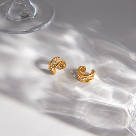 Boucles d'oreilles créoles simples en acier inoxydable, étanches, couleur or, avec zircon. 2
