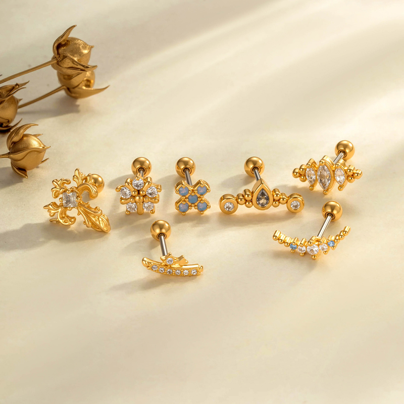 Boucles D'Oreilles Piercing Pour Femme, Série Simple, En Forme De Croix, Couleur Cuivre Doré, Avec Pierres Artificielles En Zircon. h5Image4