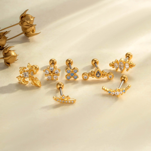 Boucles D'Oreilles Piercing Pour Femme, Série Simple, En Forme De Croix, Couleur Cuivre Doré, Avec Pierres Artificielles En Zircon. h5 Image4