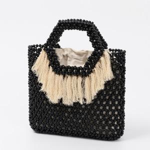 Sac Carré Pour Femme En Bois Ajouré, Orné De Pompons Tissés De Couleur Unie, Style Vacances h5 