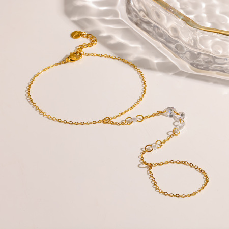 Chaîne de poignet élégante et luxueuse en acier inoxydable, couleur or, ornée de zircon et de perles. 2