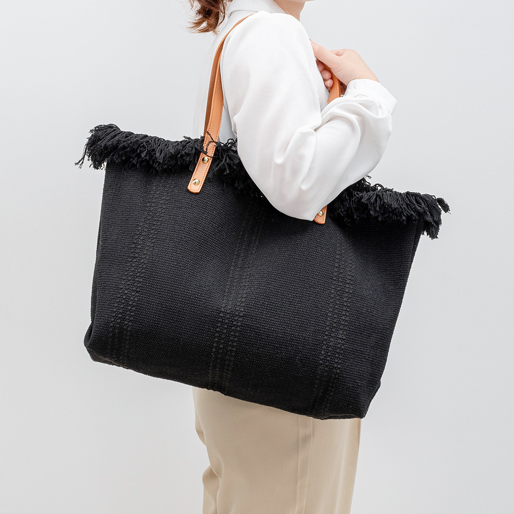 Sac Cabas Femme En Toile Unie À Pompons, Style Décontracté h5Image3
