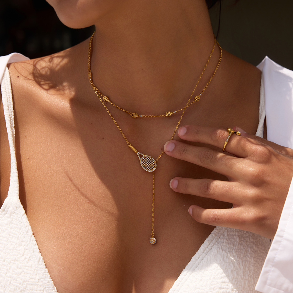 Ensembles De Colliers Pour Femmes En Acier Inoxydable Imperméable, En Forme De Raquette De Tennis, Couleur Or Et Zircon. h5Image3