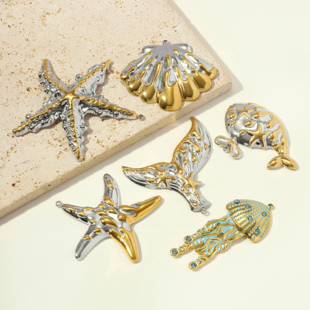 Pendentifs femme luxueux en acier inoxydable, style océanique, couleur or, motif étoile de mer, à faire soi-même. 2