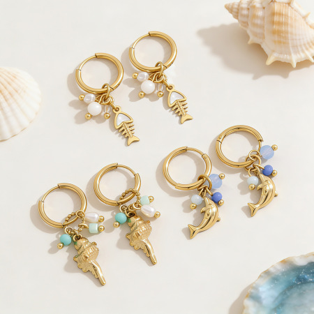 Boucles d'oreilles pendantes pour femme, style océanique, en acier inoxydable étanche, couleur or