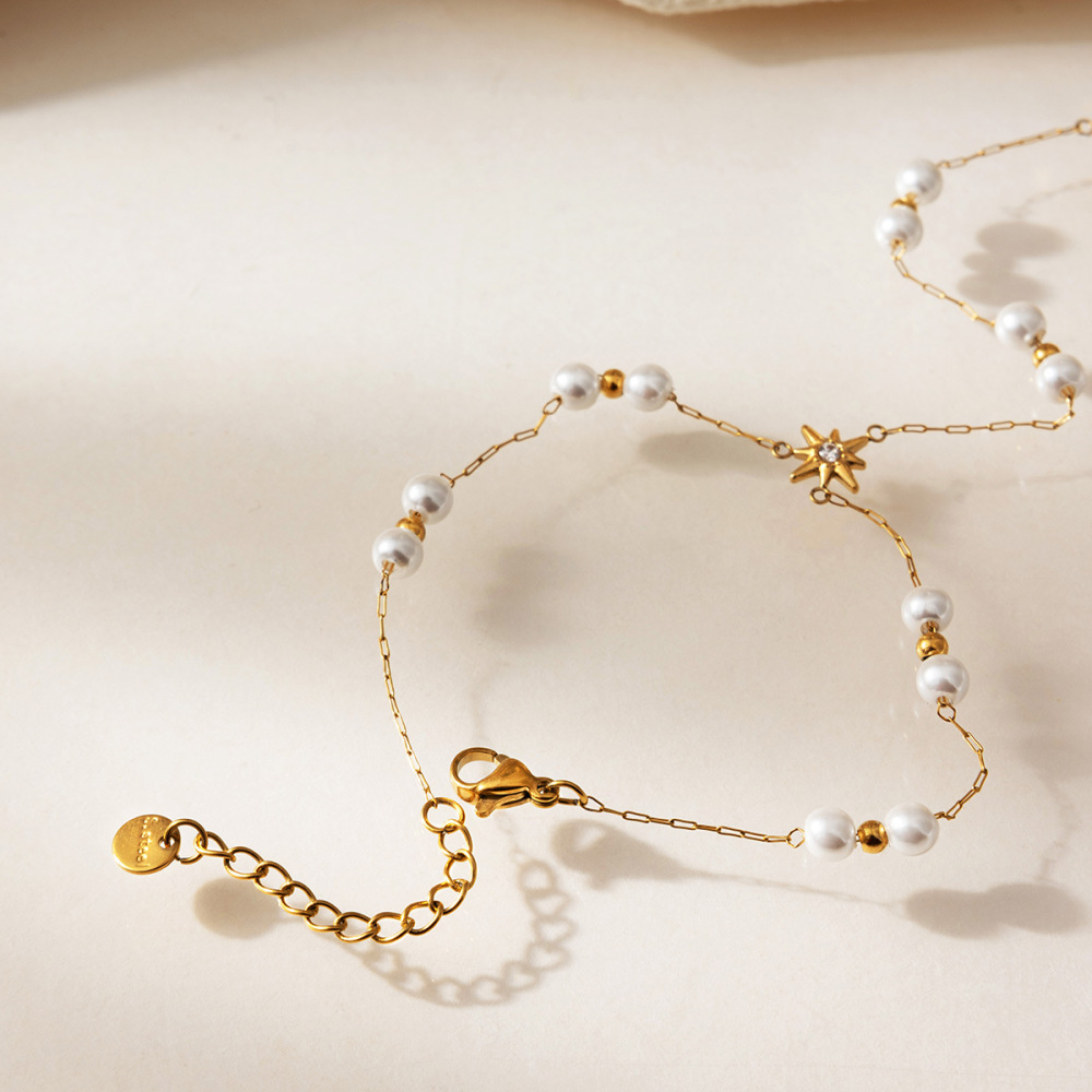 Chaîne De Poignet Pour Femme, Collection Simple Sweet Beads, En Acier Inoxydable Étanche Couleur Or. h5Image3