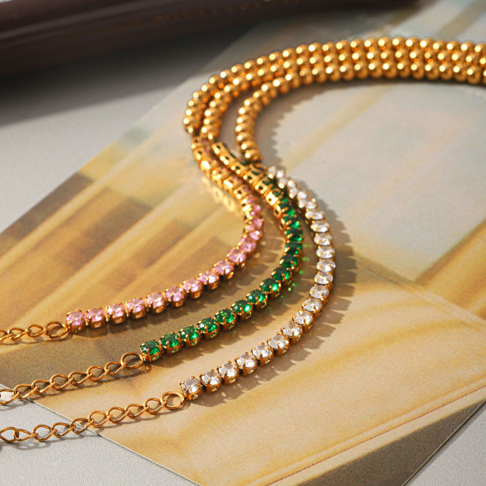 Bracelet Chaîne Pour Femme Simple Series Daily Beads En Acier Inoxydable Étanche Couleur Or Avec Zircon. h5Image3