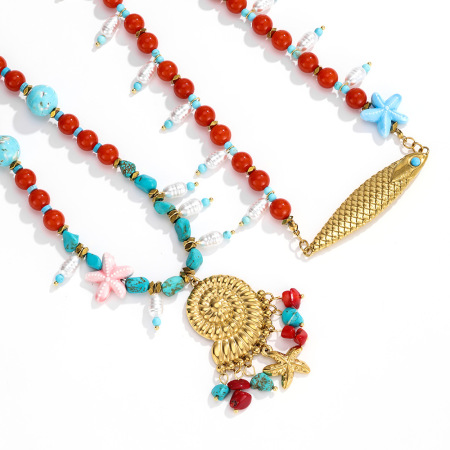 Colliers de perles luxueux pour femmes, en acier titane, couleur or, avec coquillages et étoiles de mer. 2