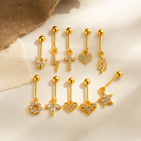 Boucles d'oreilles piercing femme, forme simple cœur, croix, étoile, feuille, papillon, zircon couleur cuivre doré