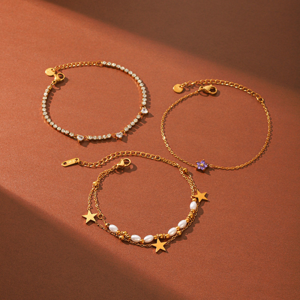 Bracelet Chaîne Femme Simple Daily Flower Star En Acier Inoxydable Étanche Couleur Or Avec Zircon Image3