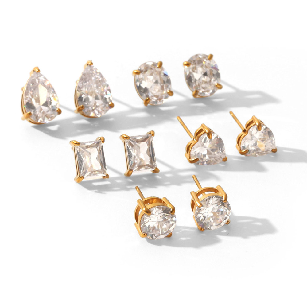 Boucles D'Oreilles Puces Pour Femmes, En Acier Inoxydable Étanche, Couleur Or, En Forme De Cœur Et D'Ellipse, Ornées De Zircon, Avec Un Motif Goutte Simple. Image6