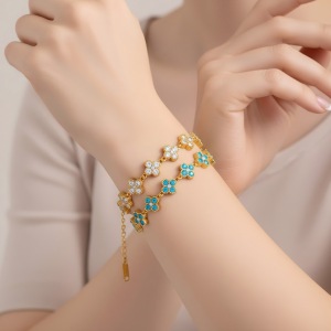 Bracelets À Maillons Pour Femmes, Luxueux, En Acier Inoxydable, Étanches, Couleur Or, Ornés De Strass Et De Fleurs. h5 Image4