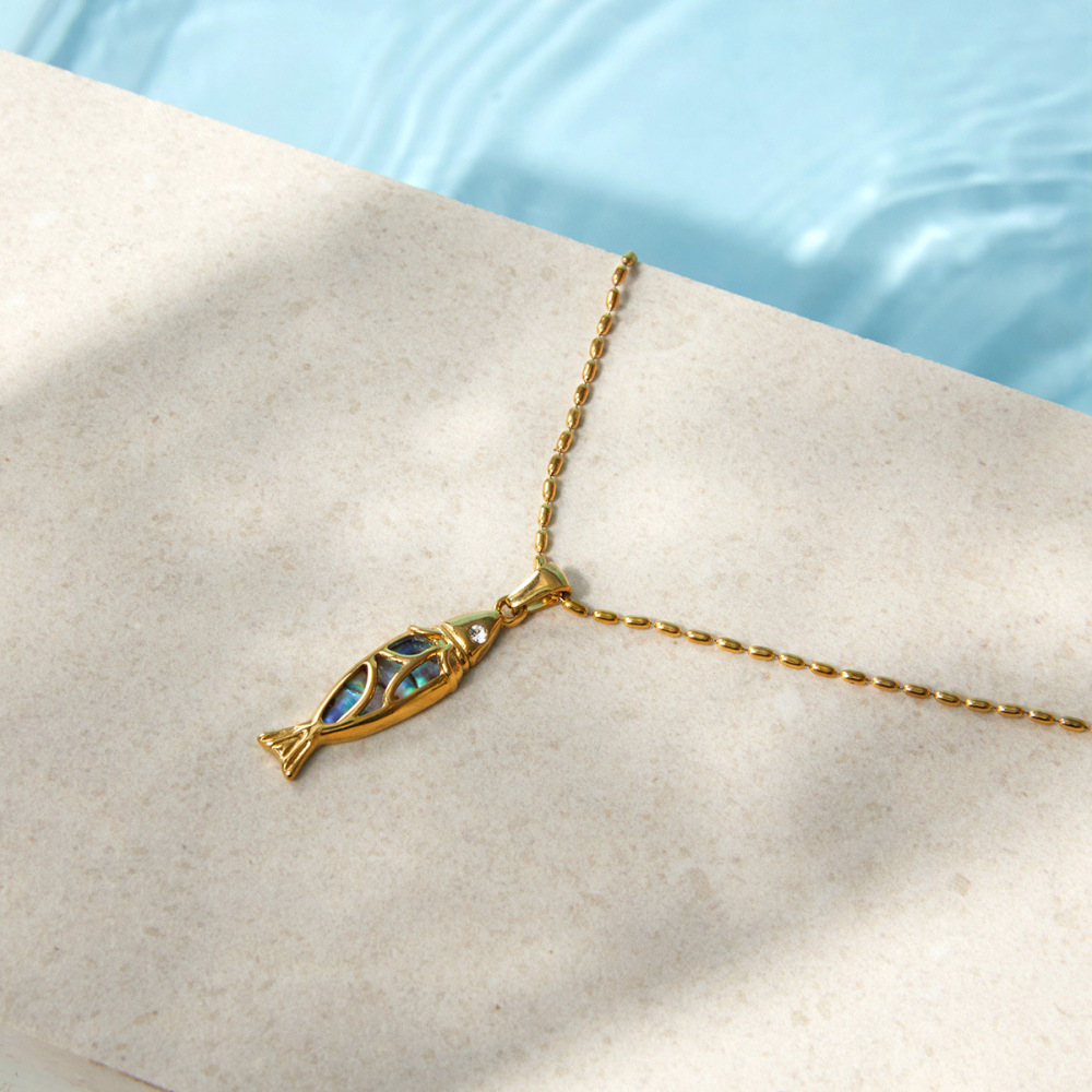 Colliers Pendentifs Pour Femmes En Forme De Poisson, Style Océan, En Acier Inoxydable Étanche Couleur Or Et Coquillage h5Image6