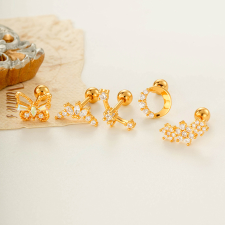 Boucles d'oreilles piercing femme, motif fleur simple, étoile et papillon, couleur cuivre doré et zircon.