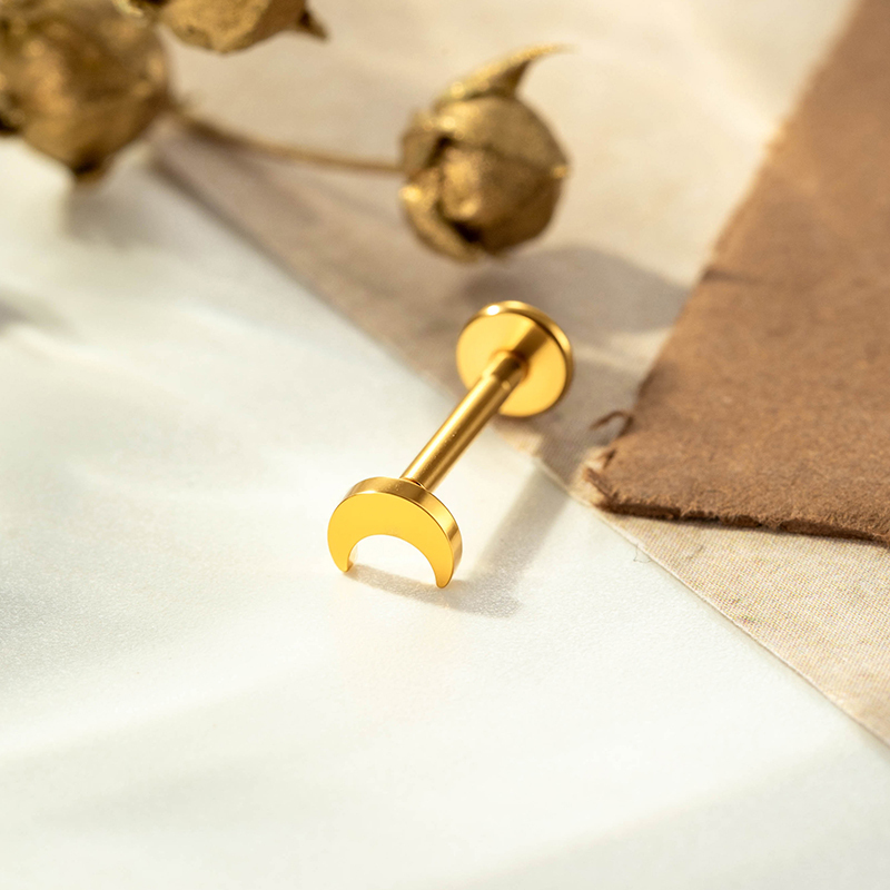 Boucles D'Oreilles Piercing Pour Femmes, Modèle Simple Moon, En Acier Inoxydable Étanche, Couleur Or h5Image6