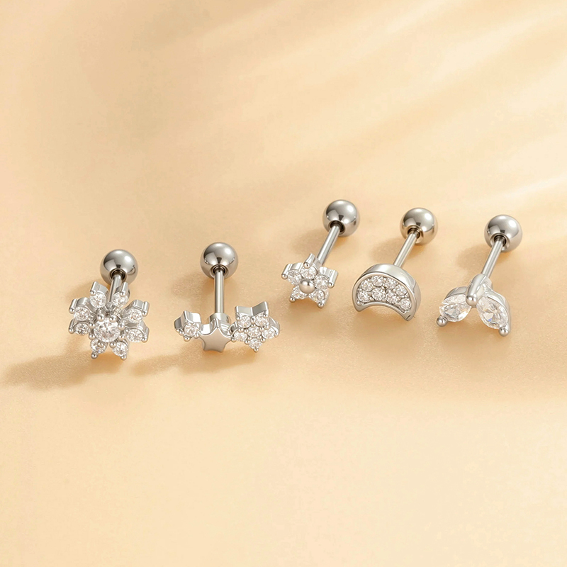 Boucles D'Oreilles Piercing Femme, Motif Fleur Simple, Étoile Et Lune, En Cuivre Et Zircon. h5Image4