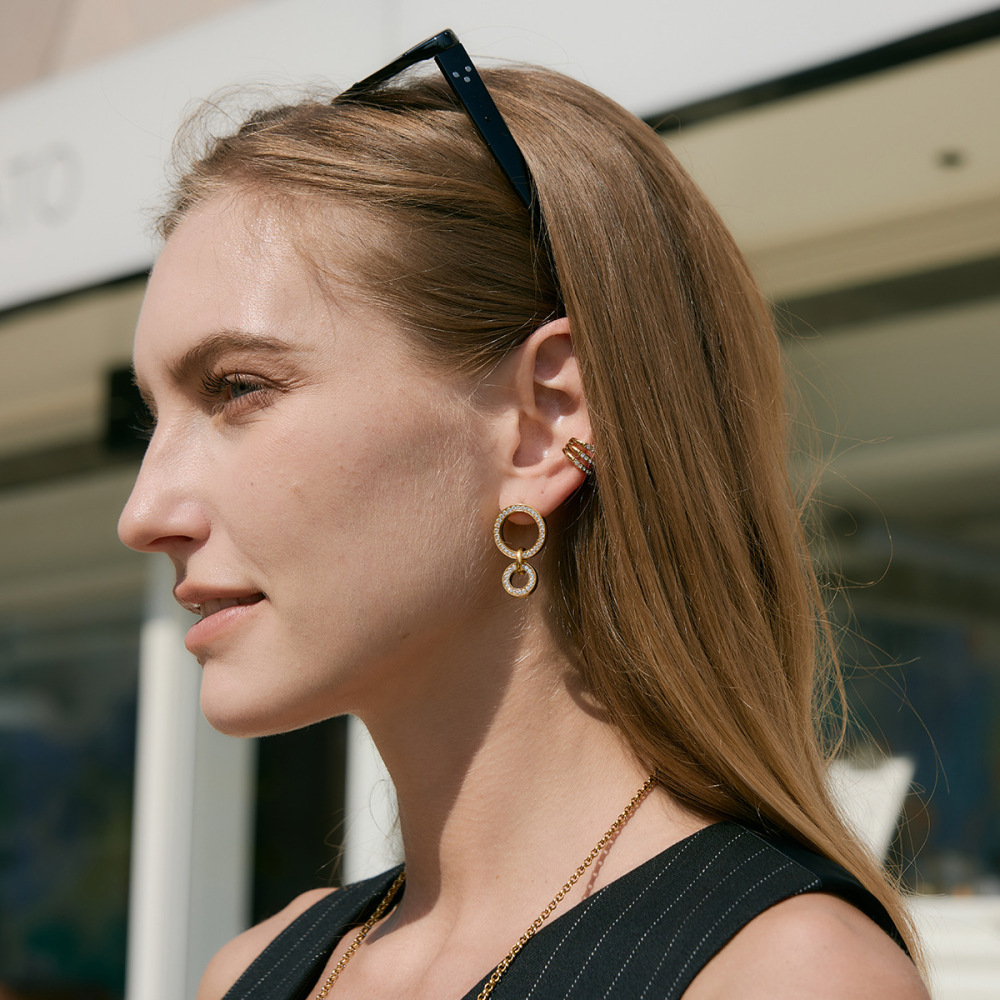 Boucles D'Oreilles Pendantes Pour Femmes, Rondes, En Acier Inoxydable Étanche, Couleur Or, Avec Zircon. Image5