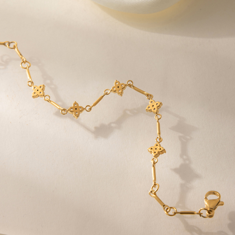 Chaîne De Main Élégante Pour Femme, En Acier Inoxydable, Étanche, Couleur Or, Ornée D'Un Zircon Et D'Une Fleur. Image4
