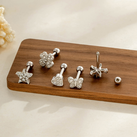 Boucles d'oreilles piercing pour femme, collection Simple, motif fleur, cœur, étoile et papillon, en cuivre et zircon. 2