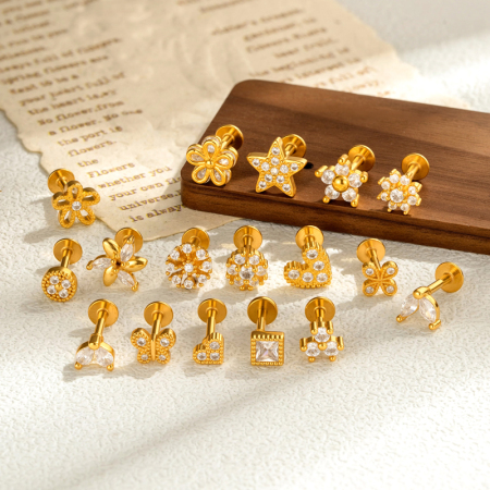 Boucles d'oreilles piercing pour femme, motif fleur, cœur, étoile, papillon, lune, couleur cuivre et or, zircon.