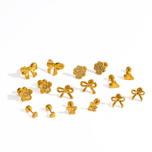 Boucles D'Oreilles Puces Pour Femmes, En Acier Inoxydable Étanche, Couleur Or, Ornées De Strass, En Forme De Nœud Papillon. h5 Image4