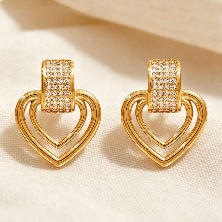 Boucles d'oreilles puces pour femme, style cœur, en acier inoxydable, étanches, couleur or, ornées de strass. 2