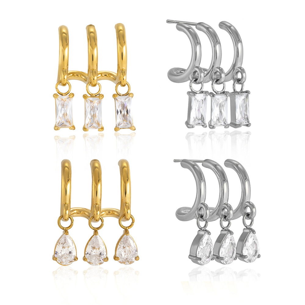 Boucles D'Oreilles Pendantes Pour Femme, Luxueuses, En Forme De Goutte Géométrique, En Acier Inoxydable Étanche, Couleur Or, Ornées De Zircon. Image4