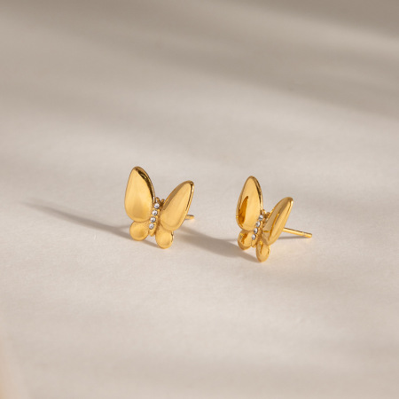Boucles d'oreilles papillon douces en acier inoxydable, étanches, couleur or, avec zircon. 2