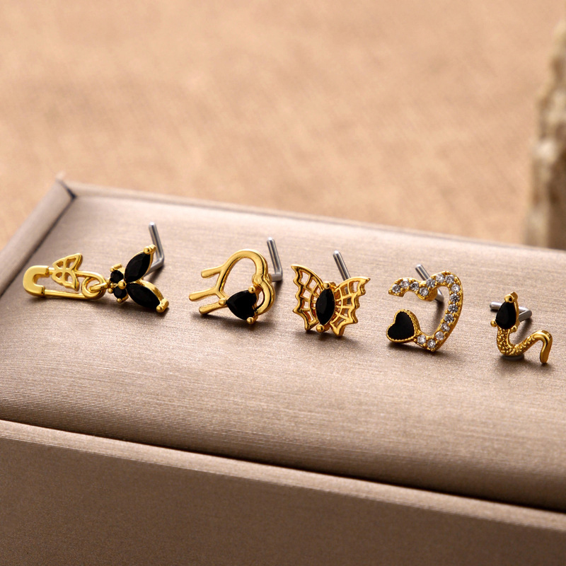 Piercing De Nez Pour Femme, Motif Cœur, Serpent Et Papillon, Couleur Cuivre Et Or, Avec Zircon. Image3