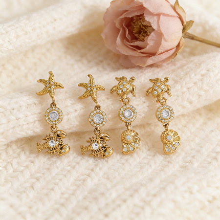 Boucles d'oreilles pendantes pour femme, style océanique, en acier inoxydable étanche avec zircon.