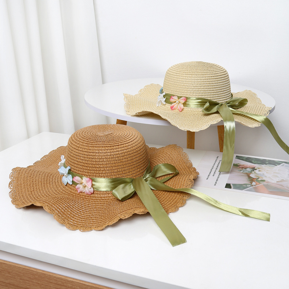 Chapeaux De Paille En Raphia Pour Femmes, Collection Simple, Avec Nœud Floral Et Ruban, Style Vacances Image2