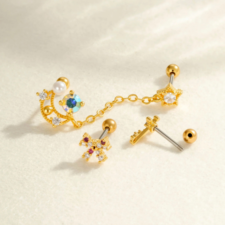 Boucles d'oreilles piercing pour femme, style simple, en forme de cœur, nœud papillon et étoile, couleur cuivre doré et zircon. 2