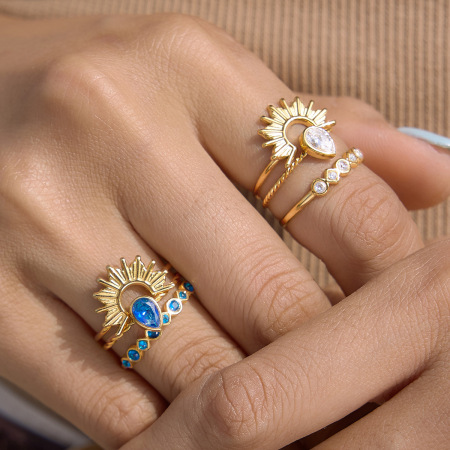 Ensembles de bagues de luxe rétro soleil en acier inoxydable étanche couleur or 2