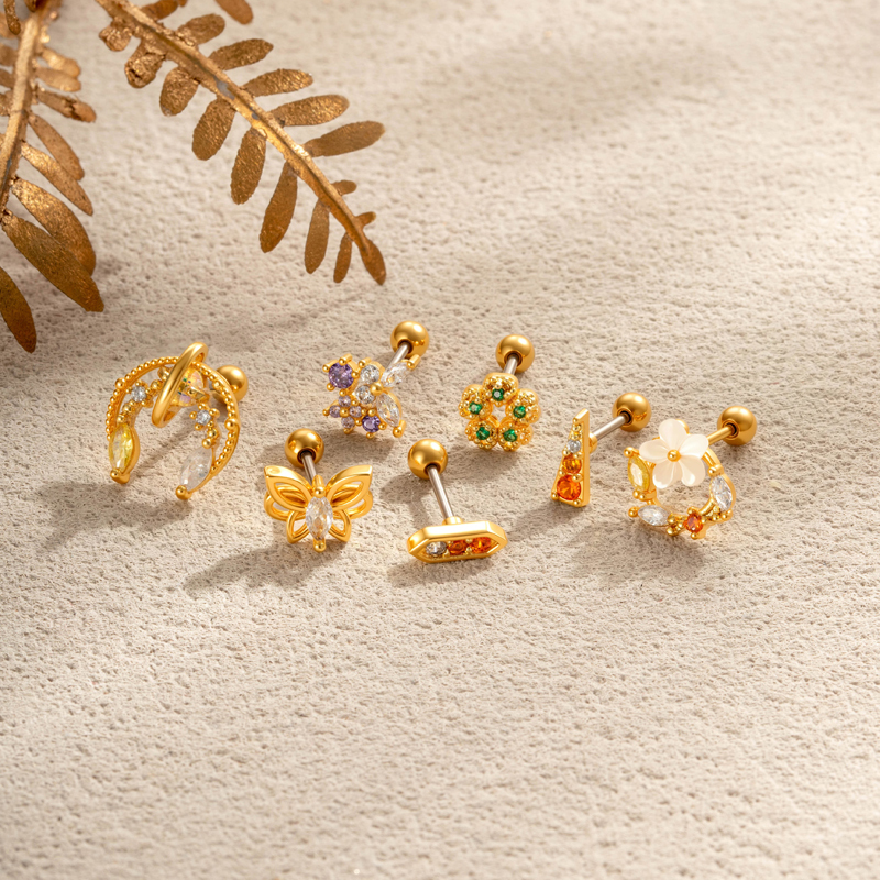 Boucles D'Oreilles Piercing Pour Femme, Collection Simple, Motif Fleur Et Papillon, Couleur Cuivre Doré Et Zircon. Image4