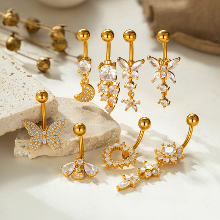 Piercings de nombril simples en zircon couleur cuivre et or, motif fleur, cœur et papillon