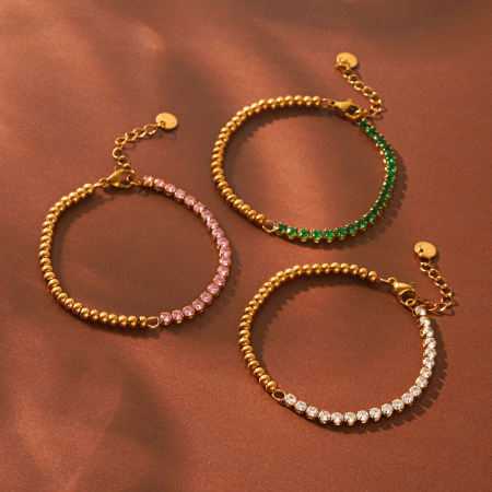 Bracelet chaîne pour femme Simple Series Daily Beads en acier inoxydable étanche couleur or avec zircon.