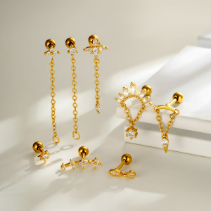 Boucles D'Oreilles Piercing Pour Femme, Motif Floral Simple, Couleur Cuivre Doré Et Zircon. h5 Image4
