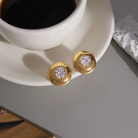Boucles d'oreilles puces rondes pour femmes, en acier inoxydable, étanches, couleur or, avec zircon. 2