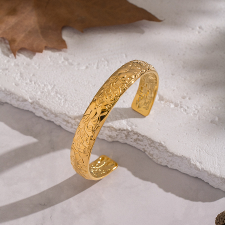 Bracelets manchettes pour femmes en acier inoxydable, étanches, couleur or, avec motif floral 2